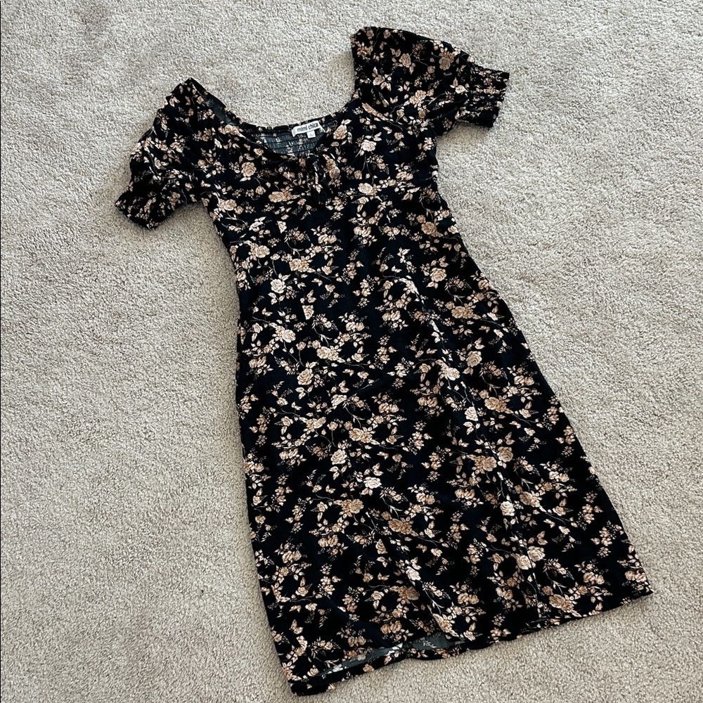 Mimi chica Festival Black Floral Midi Dress with Puff Sleeves pockets boho Chic - Picture 9 of 11